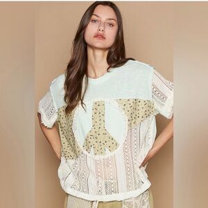POL Mint & Cream Peace Sign Lace Panel Oversized